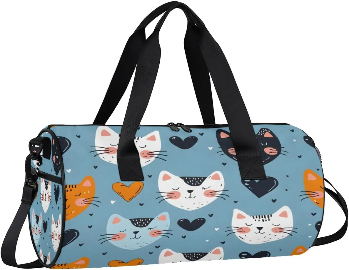 Gym Bags for Men Women Cats Love Hearts Sports Duffel Bags Carry On Travel Duffle Bag with Detachable Adjustable Shoulder Strap Overnight Weekender Bag