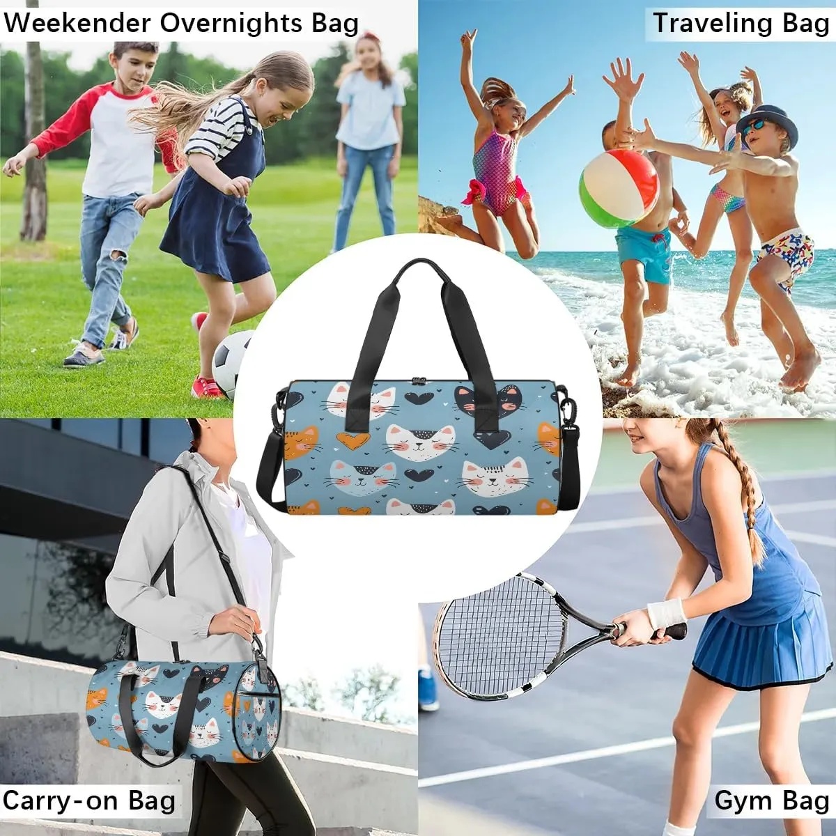 Gym Bags for Men Women Cats Love Hearts Sports Duffel Bags Carry On Travel Duffle Bag with Detachable Adjustable Shoulder Strap Overnight Weekender Bag