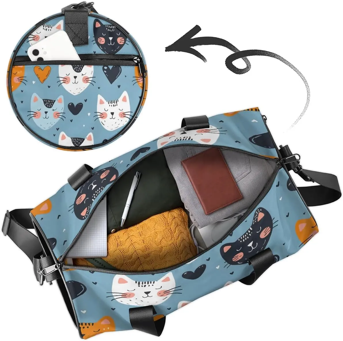 Gym Bags for Men Women Cats Love Hearts Sports Duffel Bags Carry On Travel Duffle Bag with Detachable Adjustable Shoulder Strap Overnight Weekender Bag