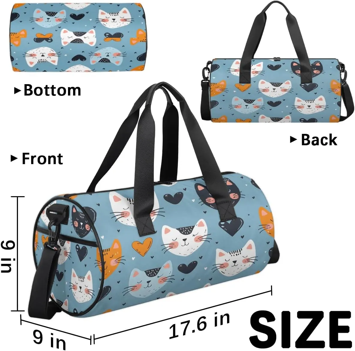 Gym Bags for Men Women Cats Love Hearts Sports Duffel Bags Carry On Travel Duffle Bag with Detachable Adjustable Shoulder Strap Overnight Weekender Bag