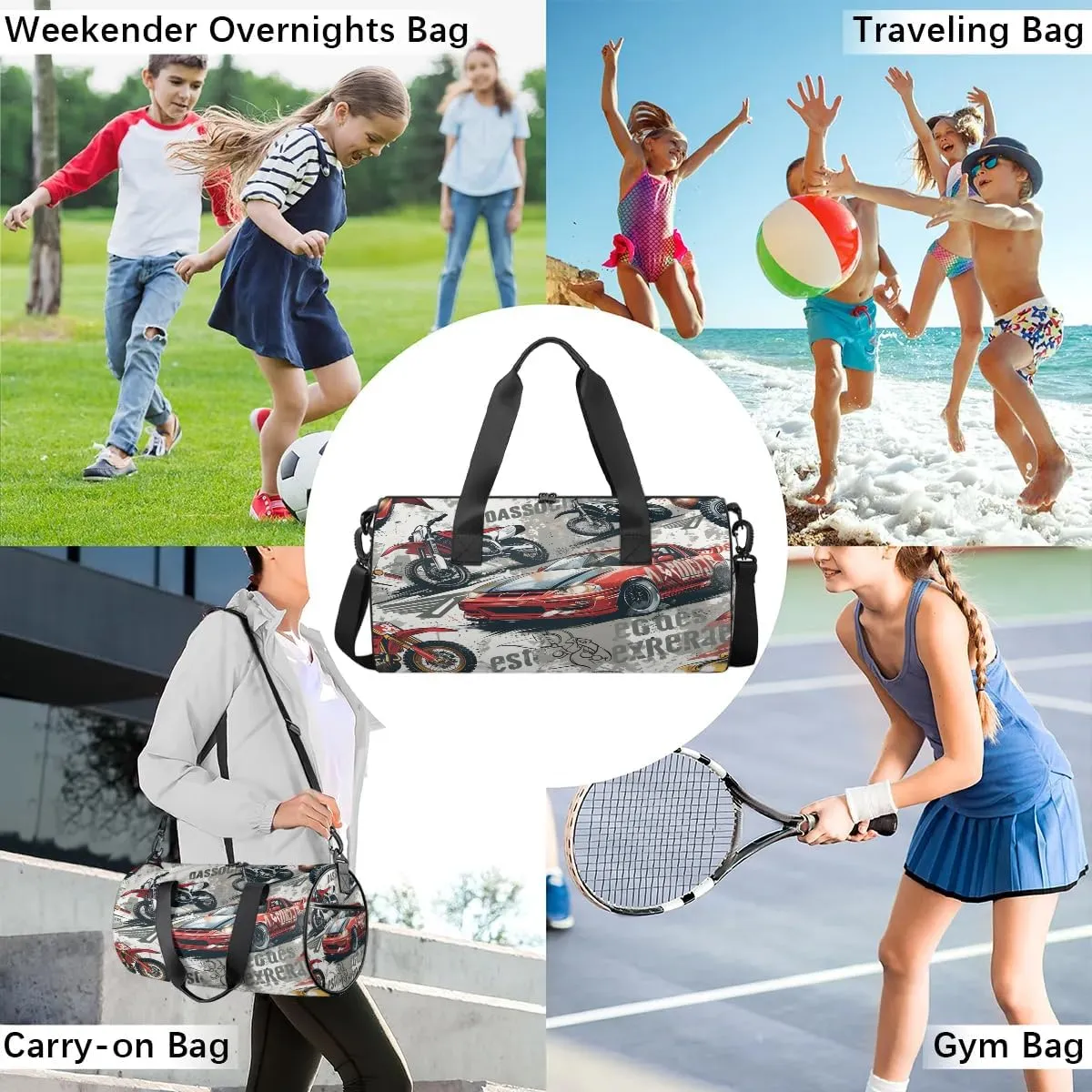 Gym Bags for Men Women Cool Car Sports Duffel Bags Carry On Travel Duffle Bag with Detachable Adjustable Shoulder Strap Overnight Weekender Bag
