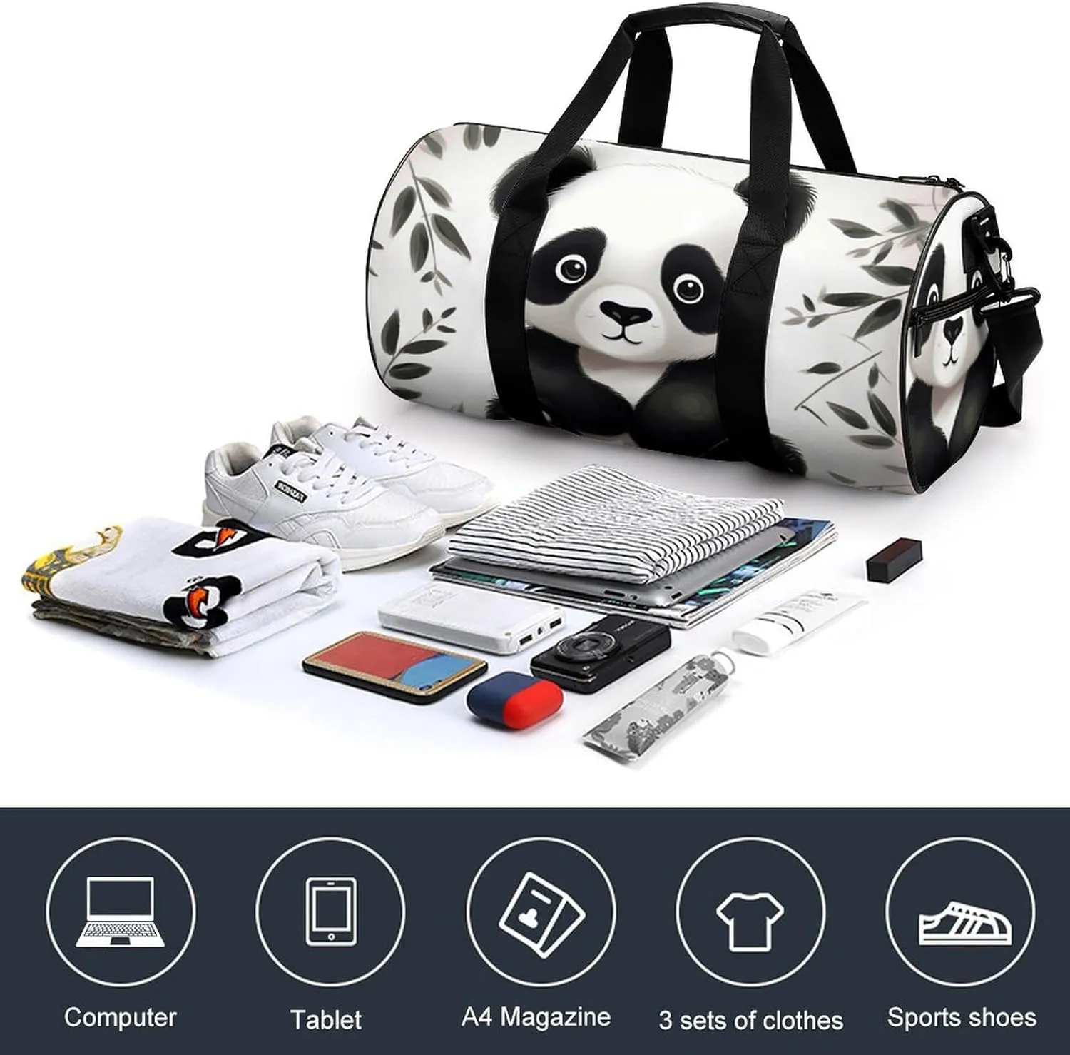 Gym Bags for Men Women Cute Panda Animal Duffle Bag Travel Overnight Bag with Shoe Compartment Tote Bags