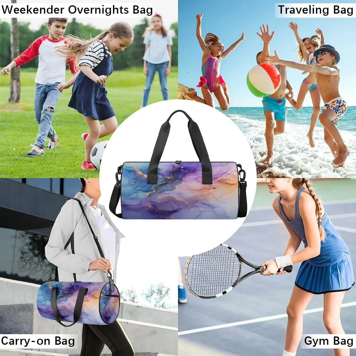 Gym Bags for Men Women Fairy Marble Texture Sports Duffel Bags Carry On Travel Duffle Bag with Detachable Adjustable Shoulder Strap Overnight Weekender Bag