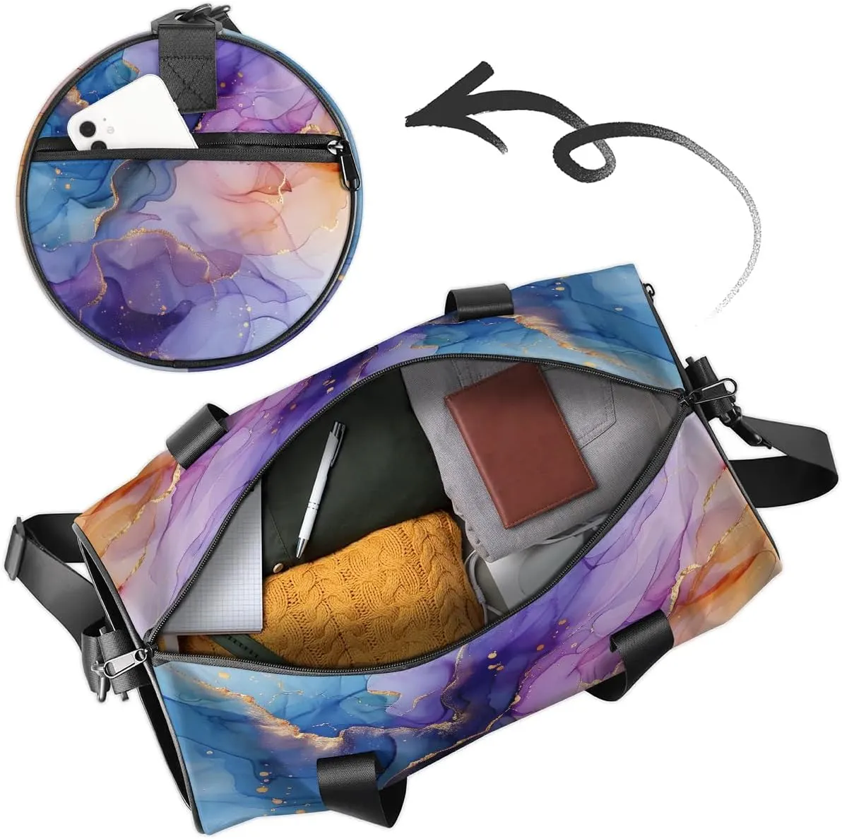 Gym Bags for Men Women Fairy Marble Texture Sports Duffel Bags Carry On Travel Duffle Bag with Detachable Adjustable Shoulder Strap Overnight Weekender Bag