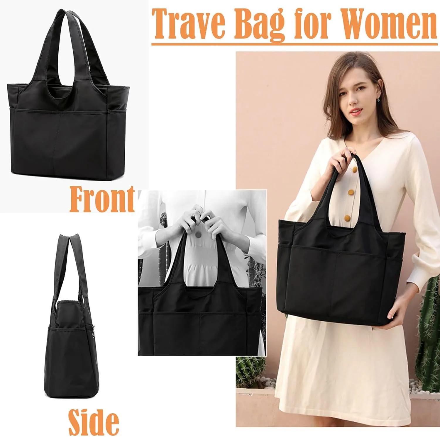 Gym Tote Bags for Women 35L, Travel Duffel Bag Compartments with Zipper, Shoulder Weekender Overnight Bag for 16in Laptop (Black)