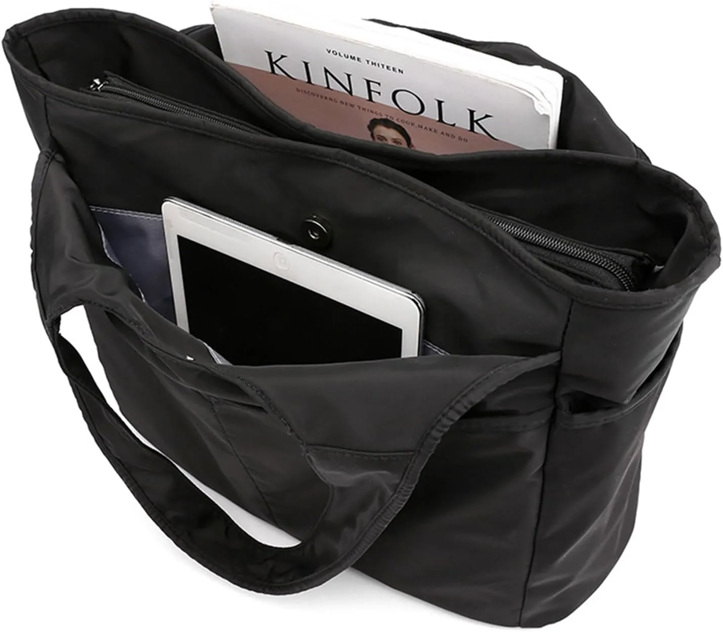 Gym Tote Bags for Women 35L, Travel Duffel Bag Compartments with Zipper, Shoulder Weekender Overnight Bag for 16in Laptop (Black)