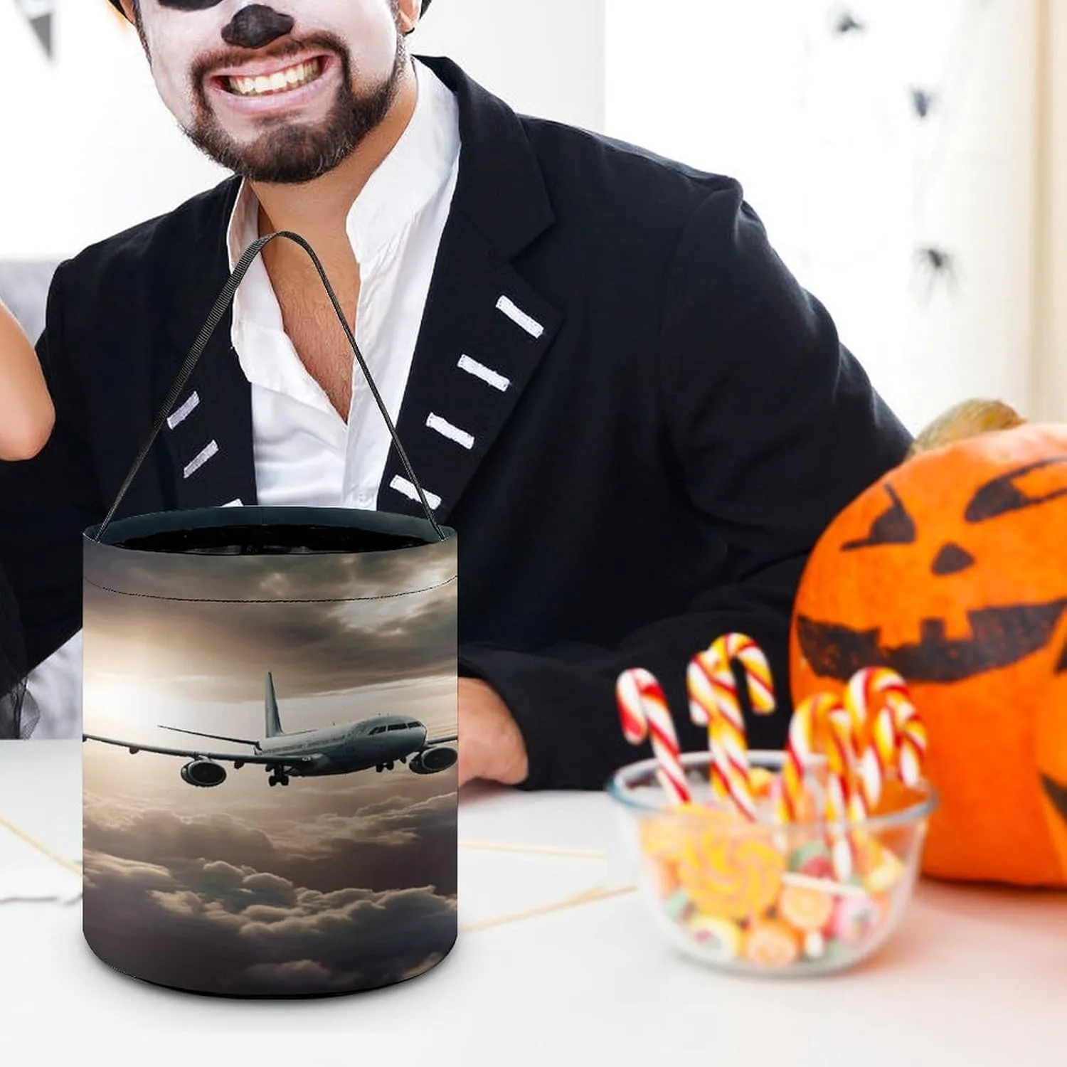 Halloween Candy Bucket,Halloween Trick Or Treat Bags,Airplane Flying in The Air Collapsible Reusable Candy Basket