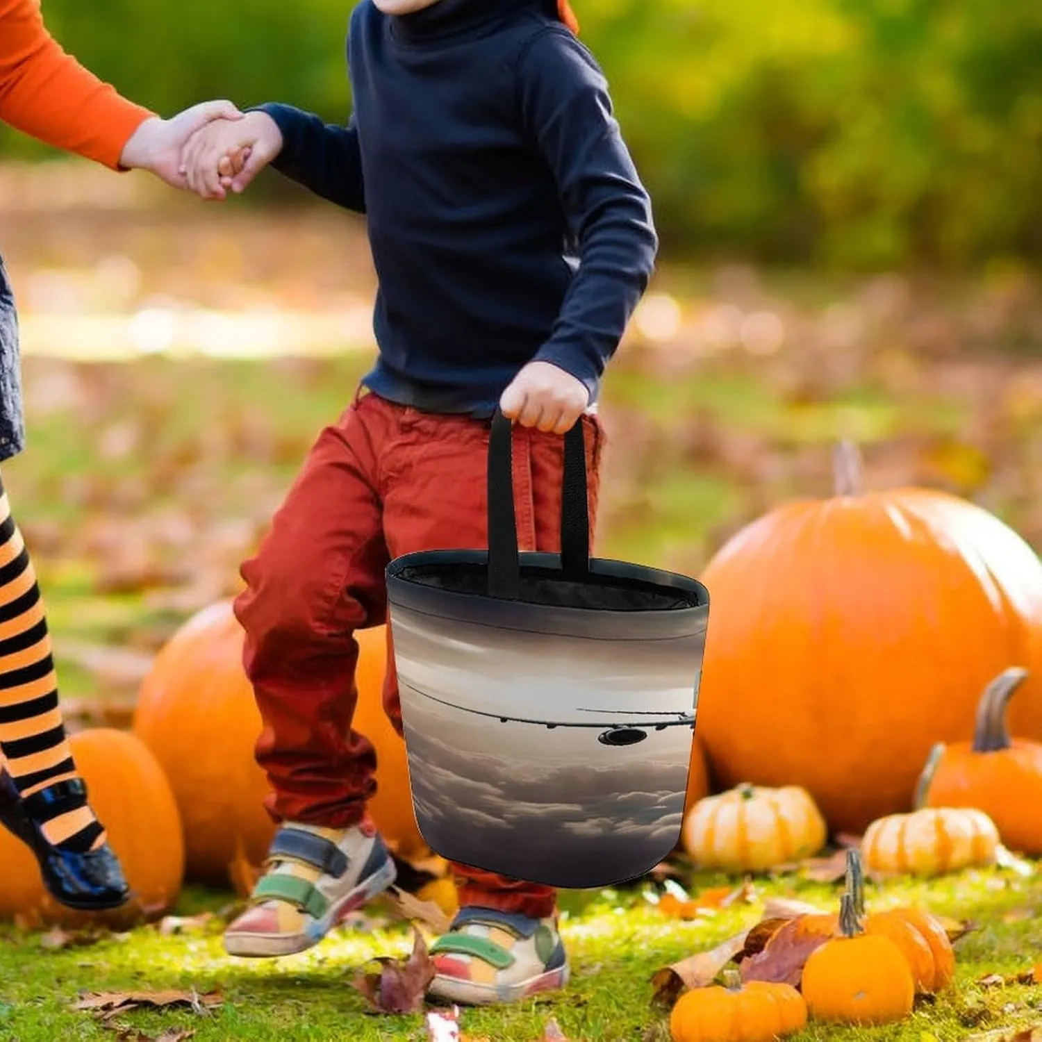 Halloween Candy Bucket,Halloween Trick Or Treat Bags,Airplane Flying in The Air Collapsible Reusable Candy Basket