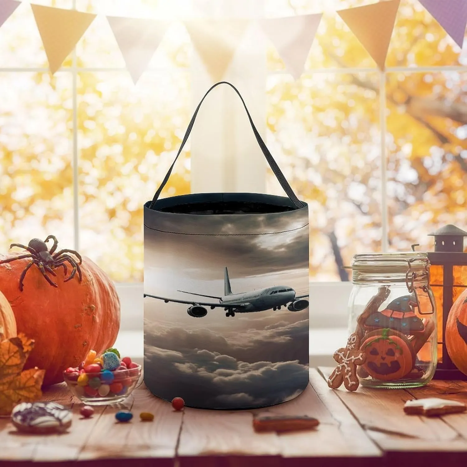 Halloween Candy Bucket,Halloween Trick Or Treat Bags,Airplane Flying in The Air Collapsible Reusable Candy Basket