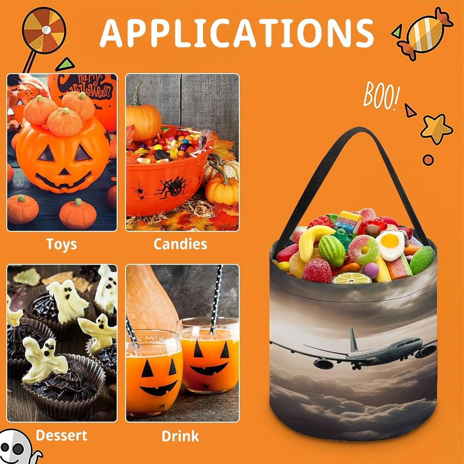 Halloween Candy Bucket,Halloween Trick Or Treat Bags,Airplane Flying in The Air Collapsible Reusable Candy Basket