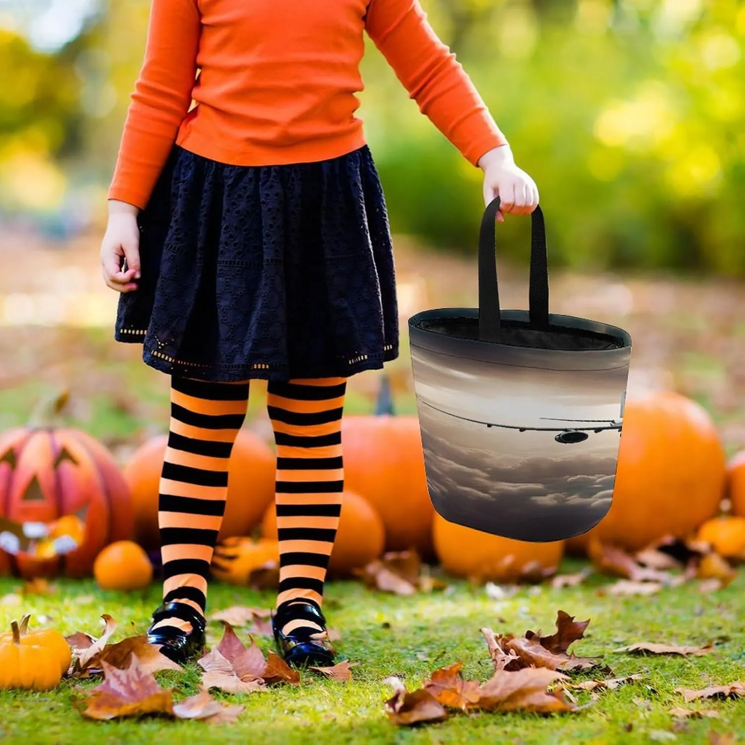 Halloween Candy Bucket,Halloween Trick Or Treat Bags,Airplane Flying in The Air Collapsible Reusable Candy Basket