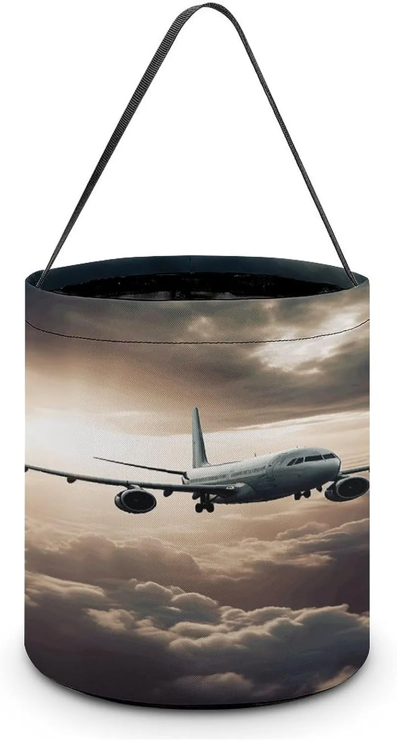 Halloween Candy Bucket,Halloween Trick Or Treat Bags,Airplane Flying in The Air Collapsible Reusable Candy Basket