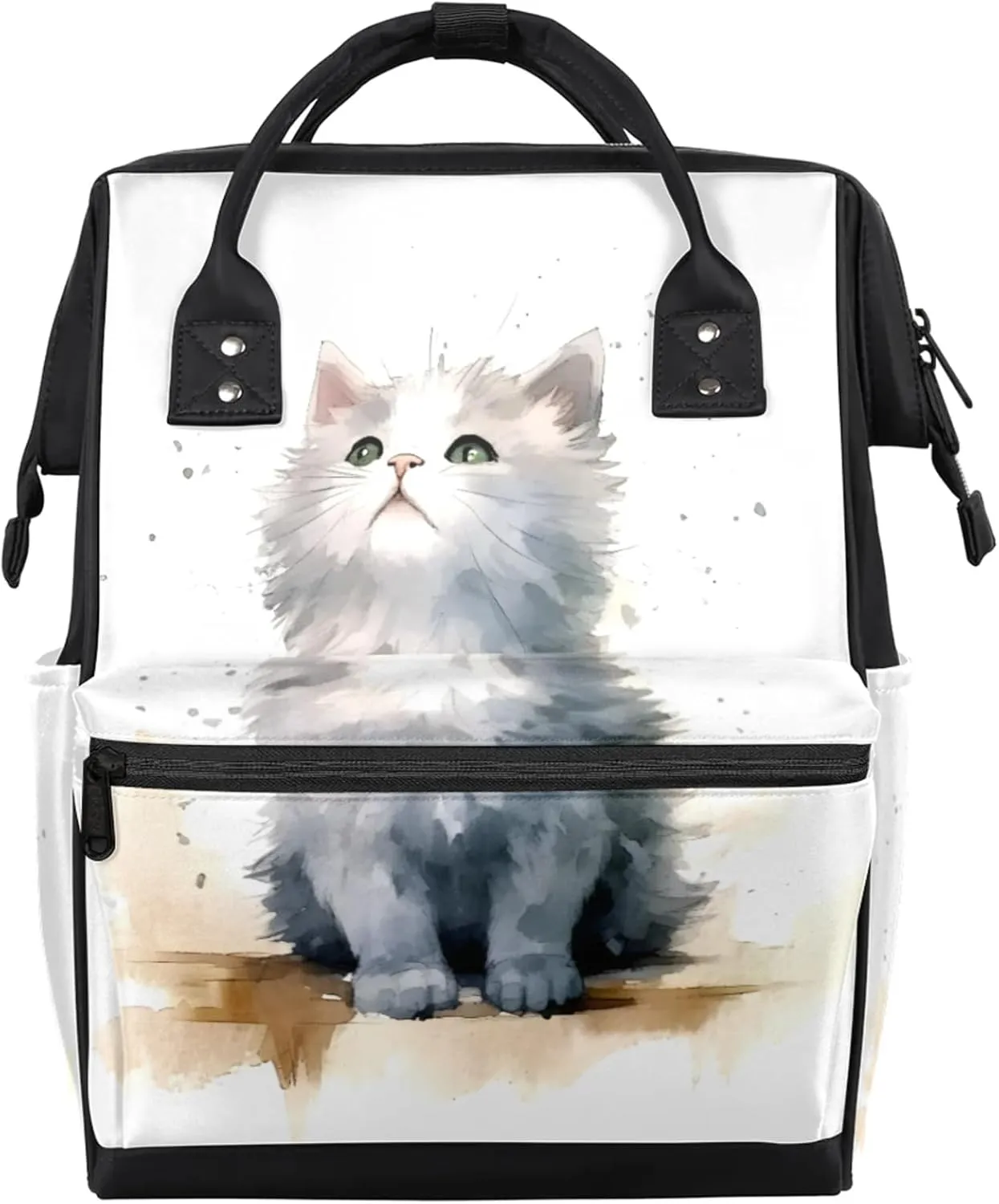 Hand Painted Cat Watercolor Diaper Bag Mommy Bags With Adjustable Shoulder Strap Waterproof Multifunction Shoulder Bag Travel Large Capacity Backpack for Moms And Dads