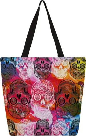 Hand Painted Colorful Skulls Large Capacity Canvas Tote Bag Stylish Handheld Shoulder Bag Reusable Shopping Bag for Work Travel Beach Trips Shopping