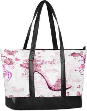 Hand Painted Heart Flower High Heels Laptop Tote Bag for Women Lightweight Work Purse with Multiple Compartments Fits 13-15.6 Inch Laptop Tablet Shoulder Bag for Office Travel Daily Use