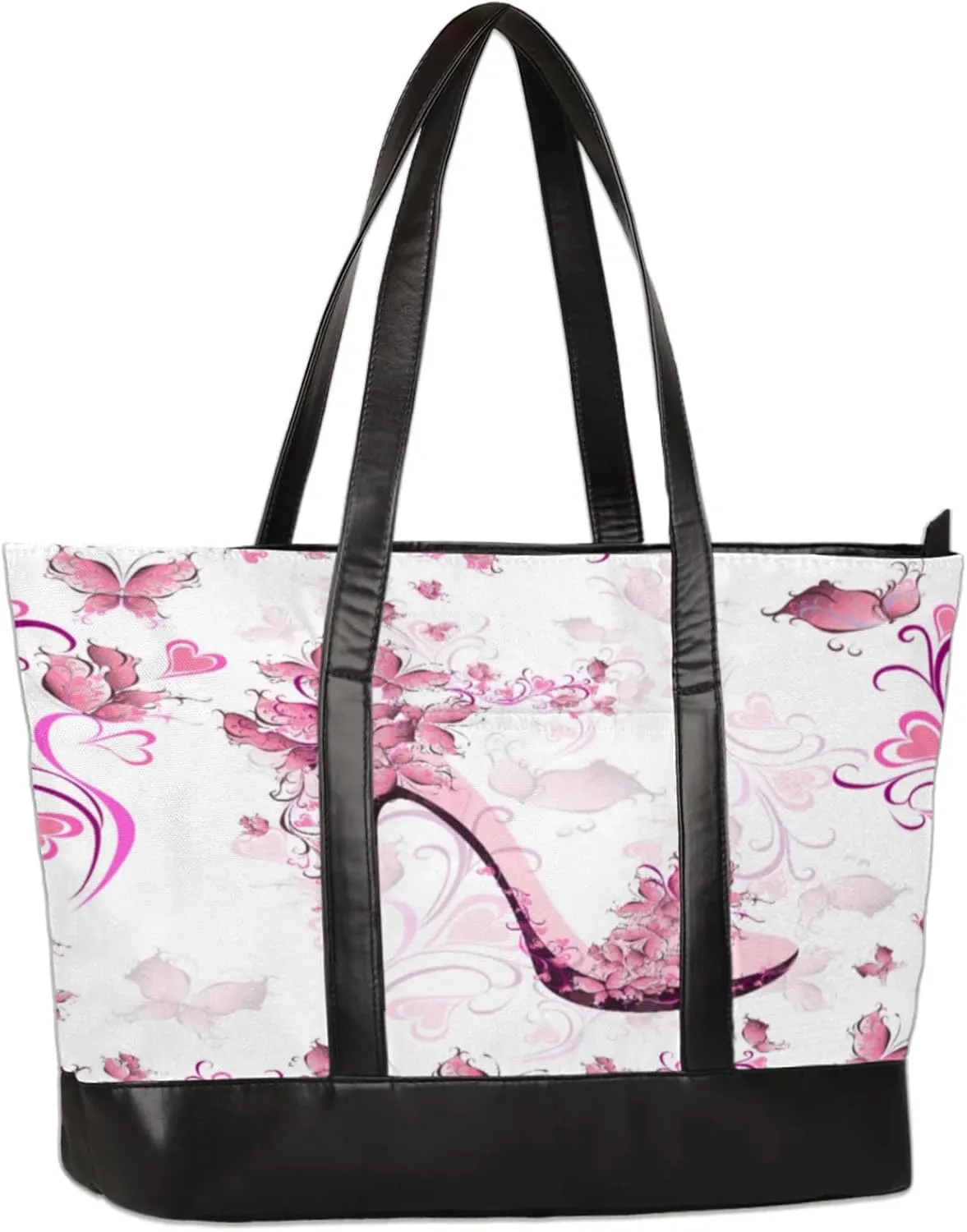Hand Painted Heart Flower High Heels Laptop Tote Bag for Women Lightweight Work Purse with Multiple Compartments Fits 13-15.6 Inch Laptop Tablet Shoulder Bag for Office Travel Daily Use