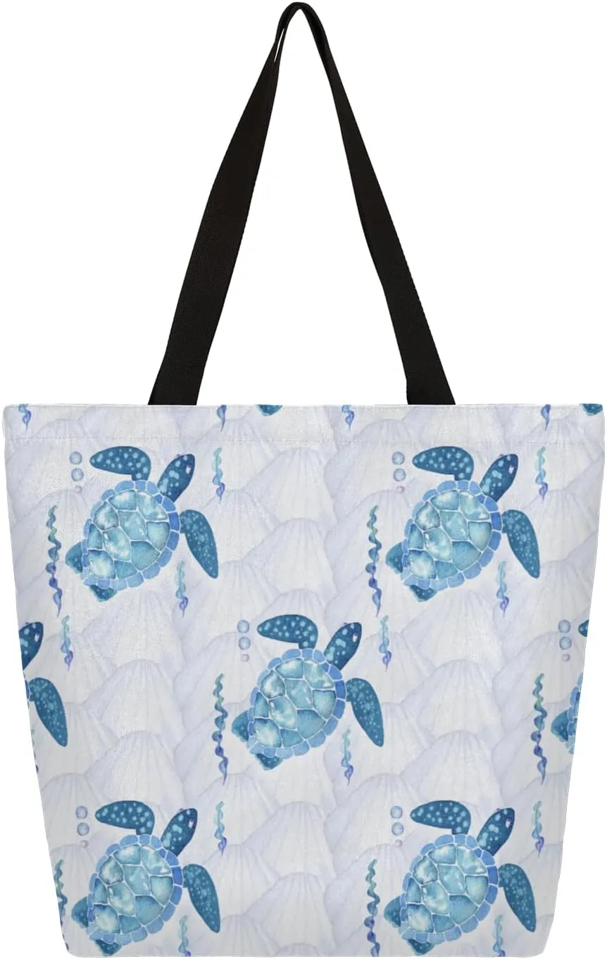 Hand Painted Sea Turtle Shells Large Capacity Canvas Tote Bag Stylish Handheld Shoulder Bag Reusable Shopping Bag for Work Travel Beach Trips Shopping