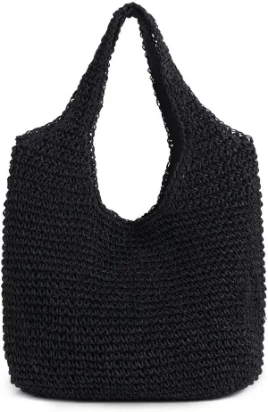 Hand-woven Soft Large Straw Shoulder Bag Boho Straw Handle Tote Retro Summer Beach Bag Rattan Handbag (Black)