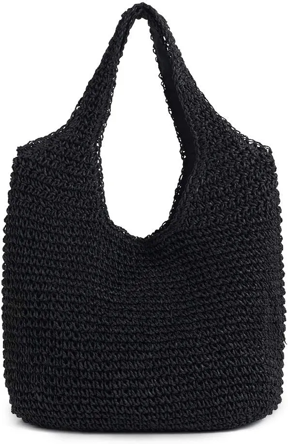 Hand-woven Soft Large Straw Shoulder Bag Boho Straw Handle Tote Retro Summer Beach Bag Rattan Handbag (Black)