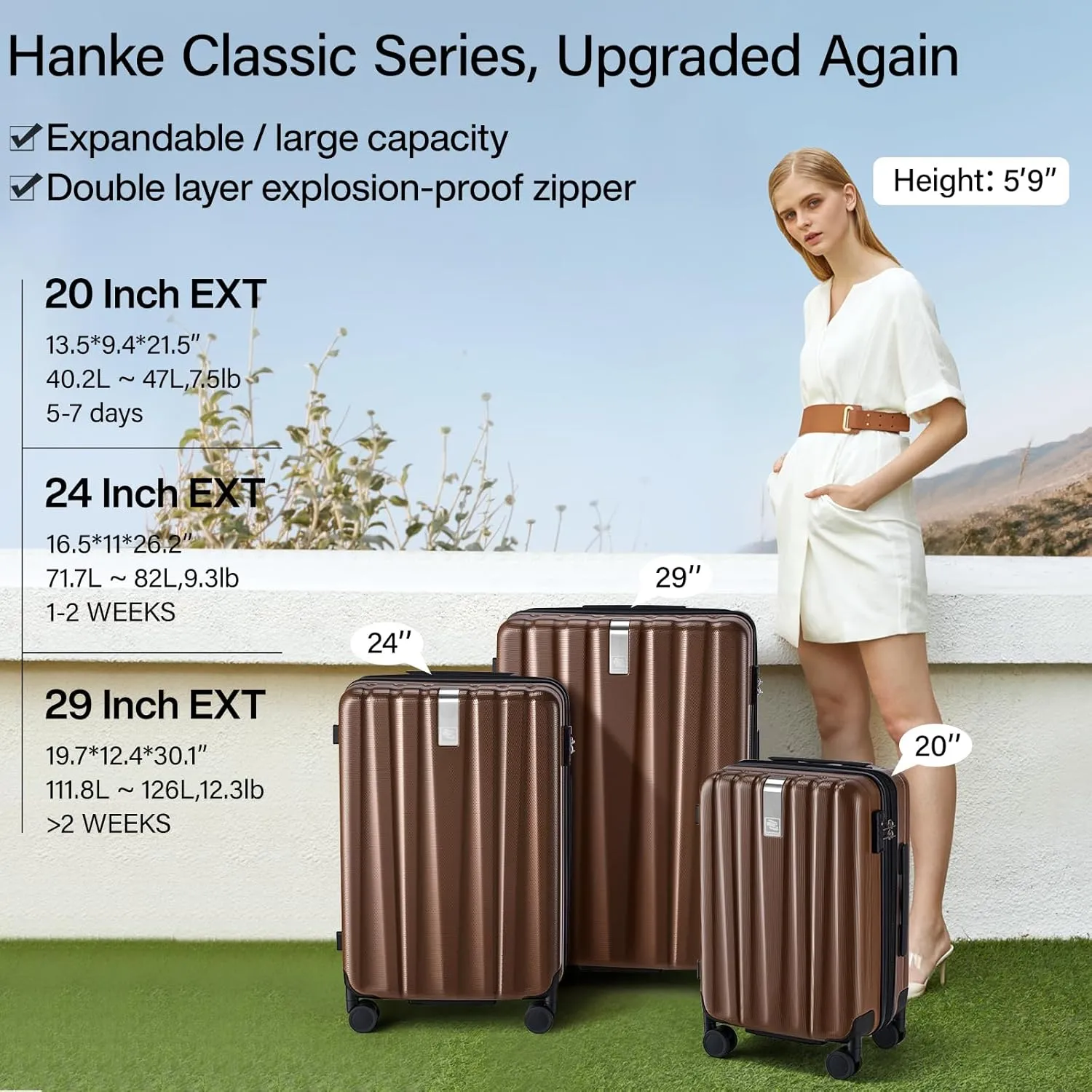 Hanke 24 Inch Expandable Checked Luggage Lightweight PC Hard Case Luggage Suitcases with Wheels TSA Luggage Rolling Large Suitcase Travel Luggage Bag for Go to University(Brown)