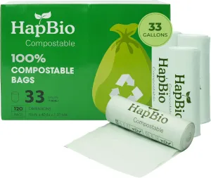 HAPBIO 33 Gallon Compostable Trash Bags, 120 Count, 1.37 Mils, 8 Rolls, Bulk Pack, Unscented, Heavy Duty Trash Can Liner, BPI OK Compost Home, Recycle Food Scrap Waste Bags for Countertop Bin, Kitchen