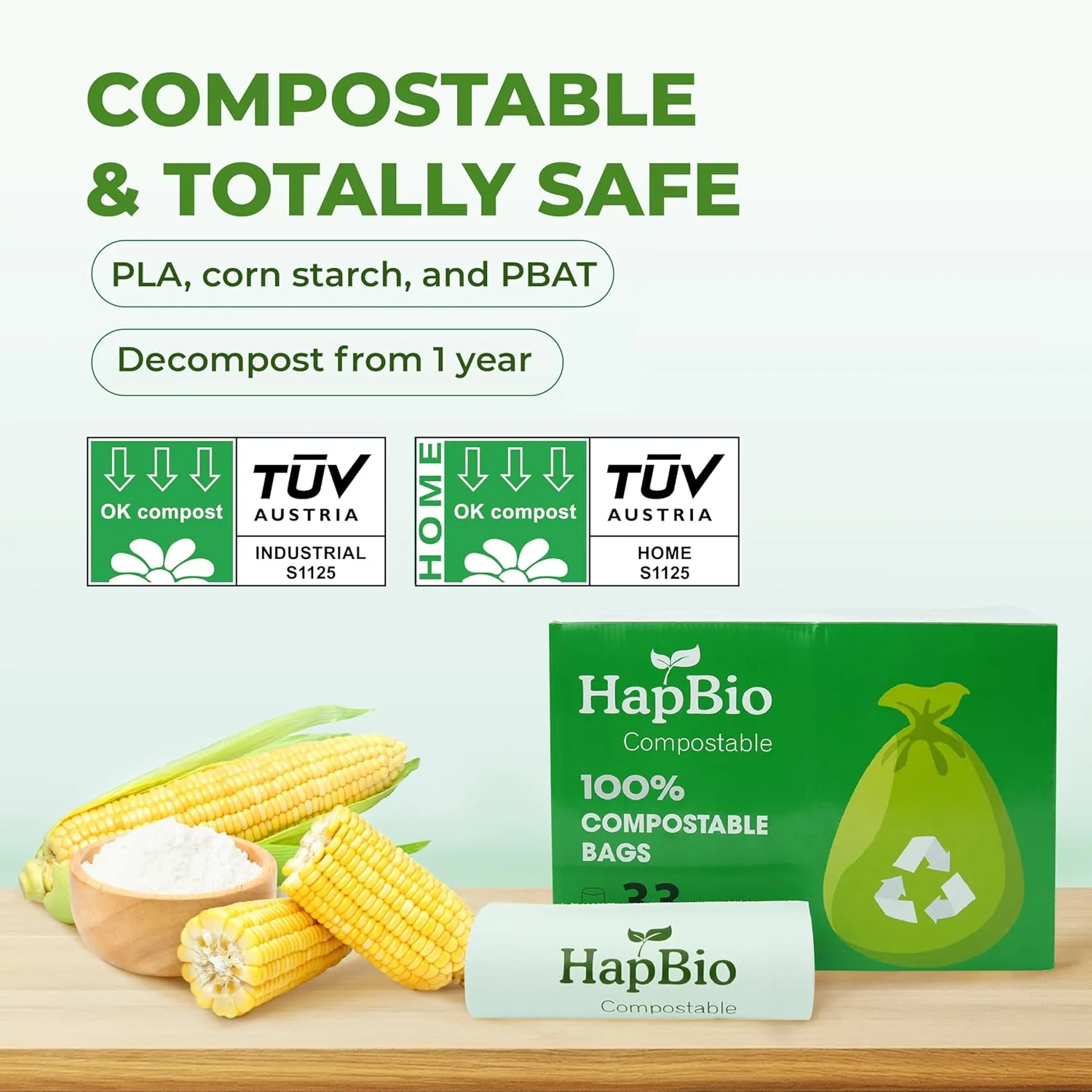 HAPBIO 33 Gallon Compostable Trash Bags, 120 Count, 1.37 Mils, 8 Rolls, Bulk Pack, Unscented, Heavy Duty Trash Can Liner, BPI OK Compost Home, Recycle Food Scrap Waste Bags for Countertop Bin, Kitchen