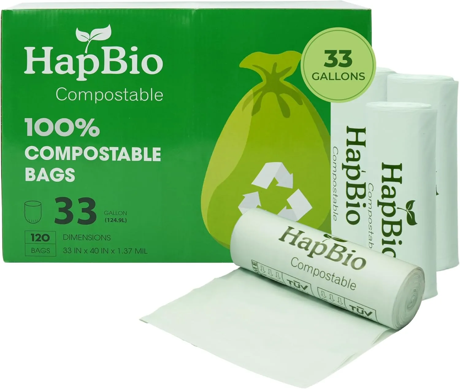 HAPBIO 33 Gallon Compostable Trash Bags, 120 Count, 1.37 Mils, 8 Rolls, Bulk Pack, Unscented, Heavy Duty Trash Can Liner, BPI OK Compost Home, Recycle Food Scrap Waste Bags for Countertop Bin, Kitchen