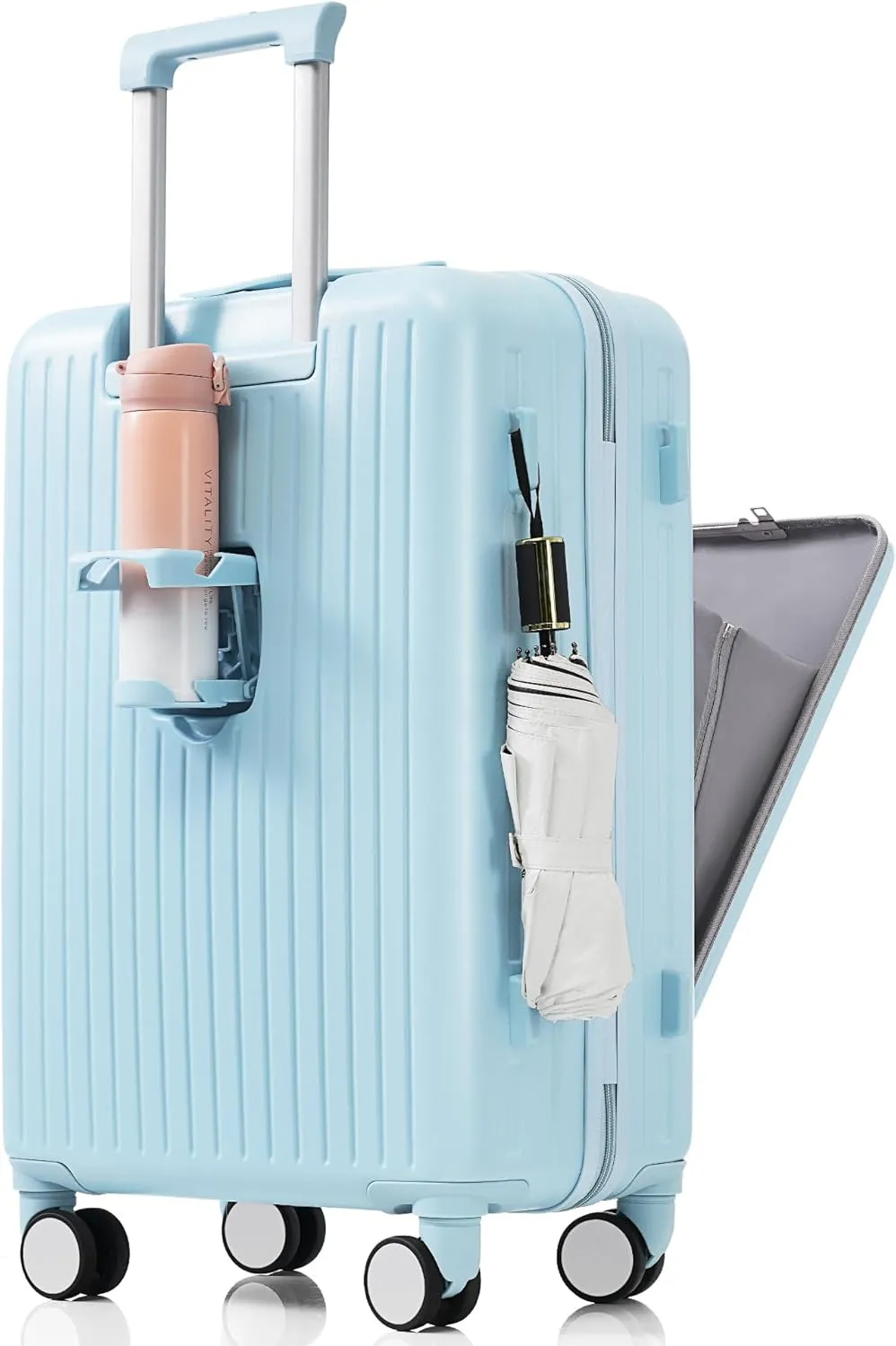 Hard-shell Carry-on Durable Luggage, Front Opening 20-Inch Carry-On Luggage with Expandable Travel Bag Set, ABS Hard Shell Two-piece suitcase set with USB Port, Cup Holder (Light Blue)