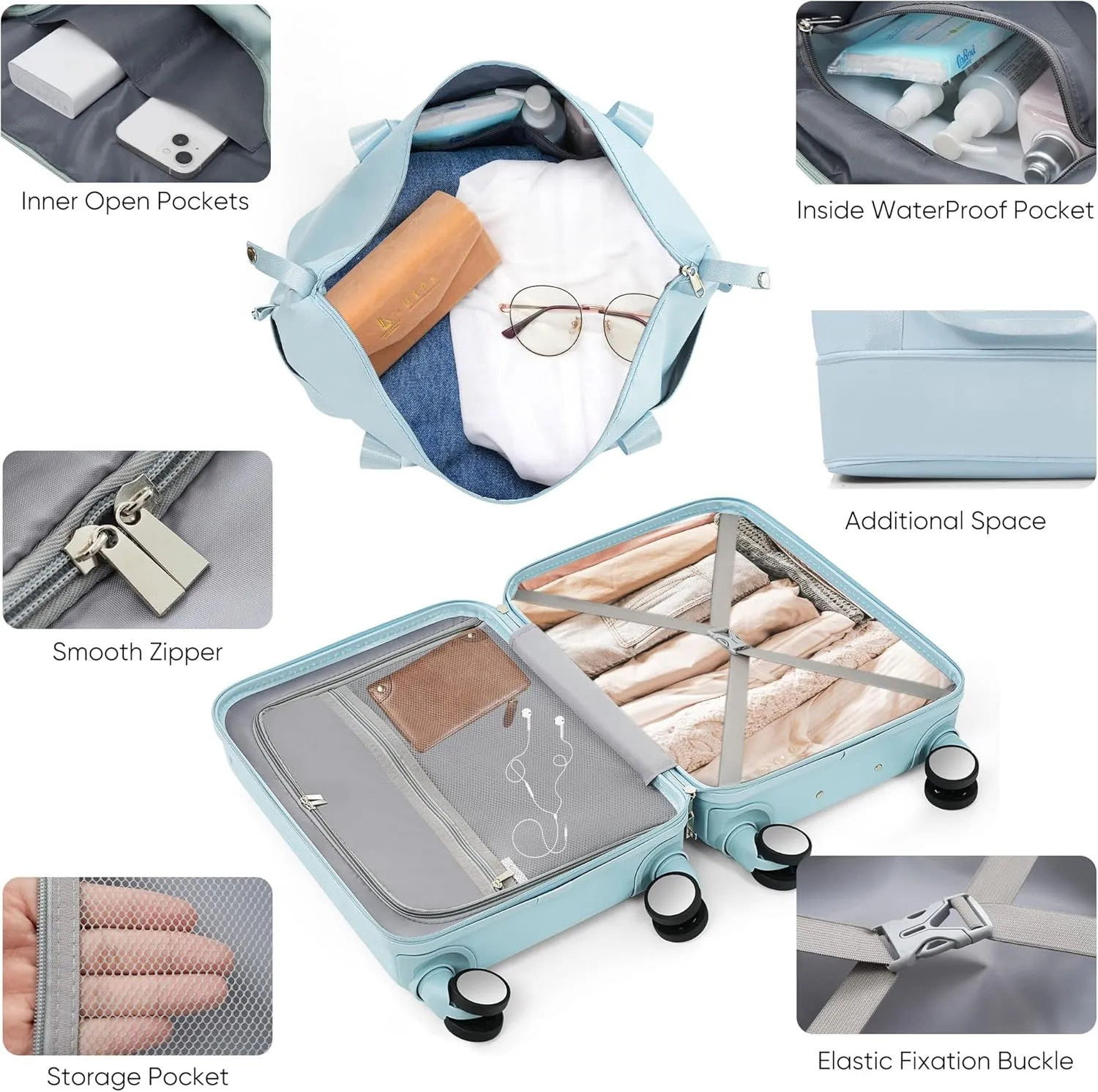 Hard-shell Carry-on Durable Luggage, Front Opening 20-Inch Carry-On Luggage with Expandable Travel Bag Set, ABS Hard Shell Two-piece suitcase set with USB Port, Cup Holder (Light Blue)