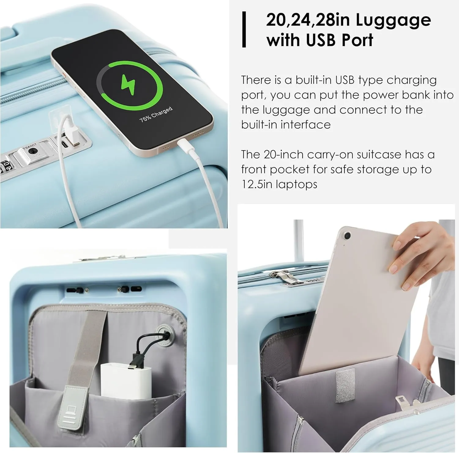 Hard-shell Carry-on Durable Luggage, Front Opening 20-Inch Carry-On Luggage with Expandable Travel Bag Set, ABS Hard Shell Two-piece suitcase set with USB Port, Cup Holder (Light Blue)