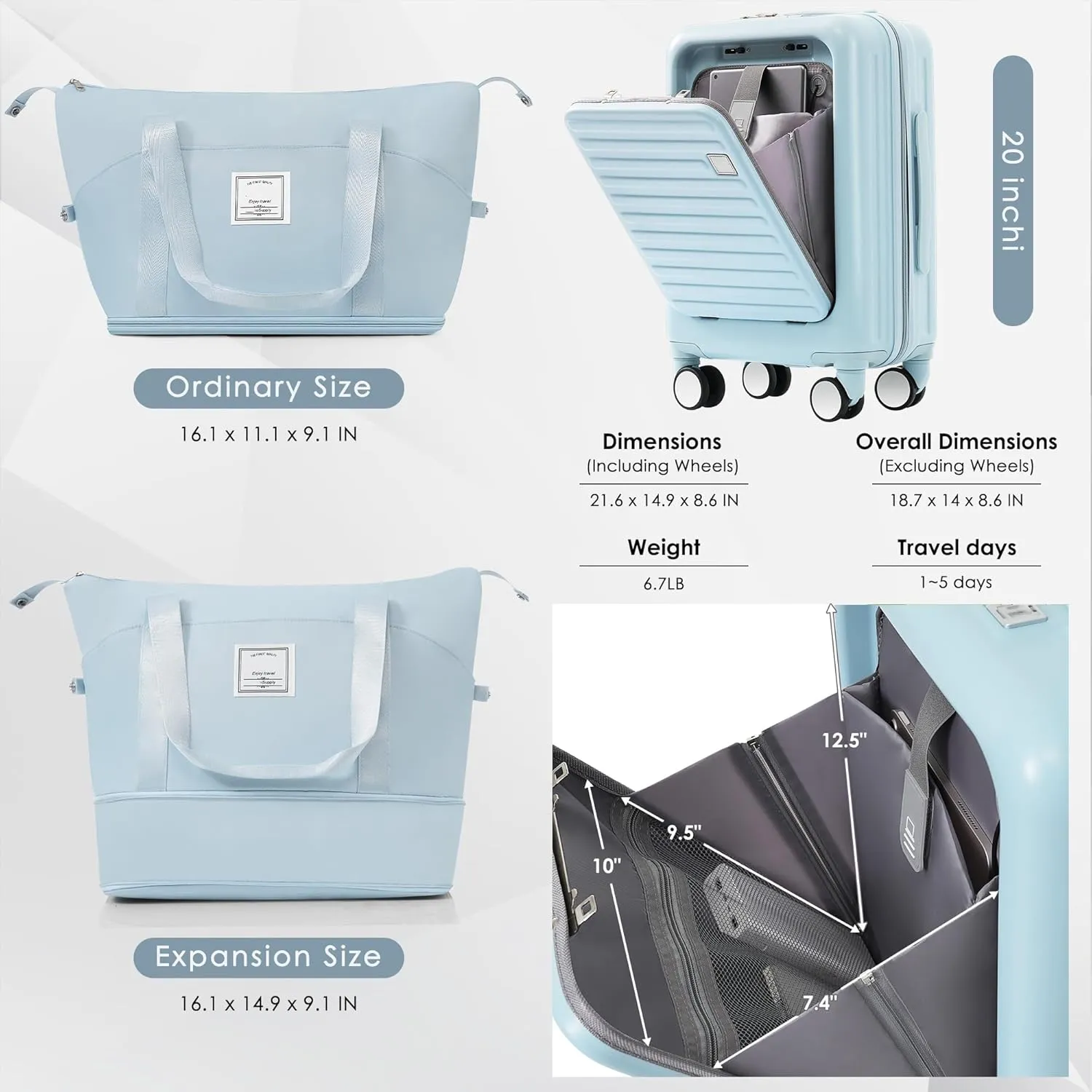 Hard-shell Carry-on Durable Luggage, Front Opening 20-Inch Carry-On Luggage with Expandable Travel Bag Set, ABS Hard Shell Two-piece suitcase set with USB Port, Cup Holder (Light Blue)