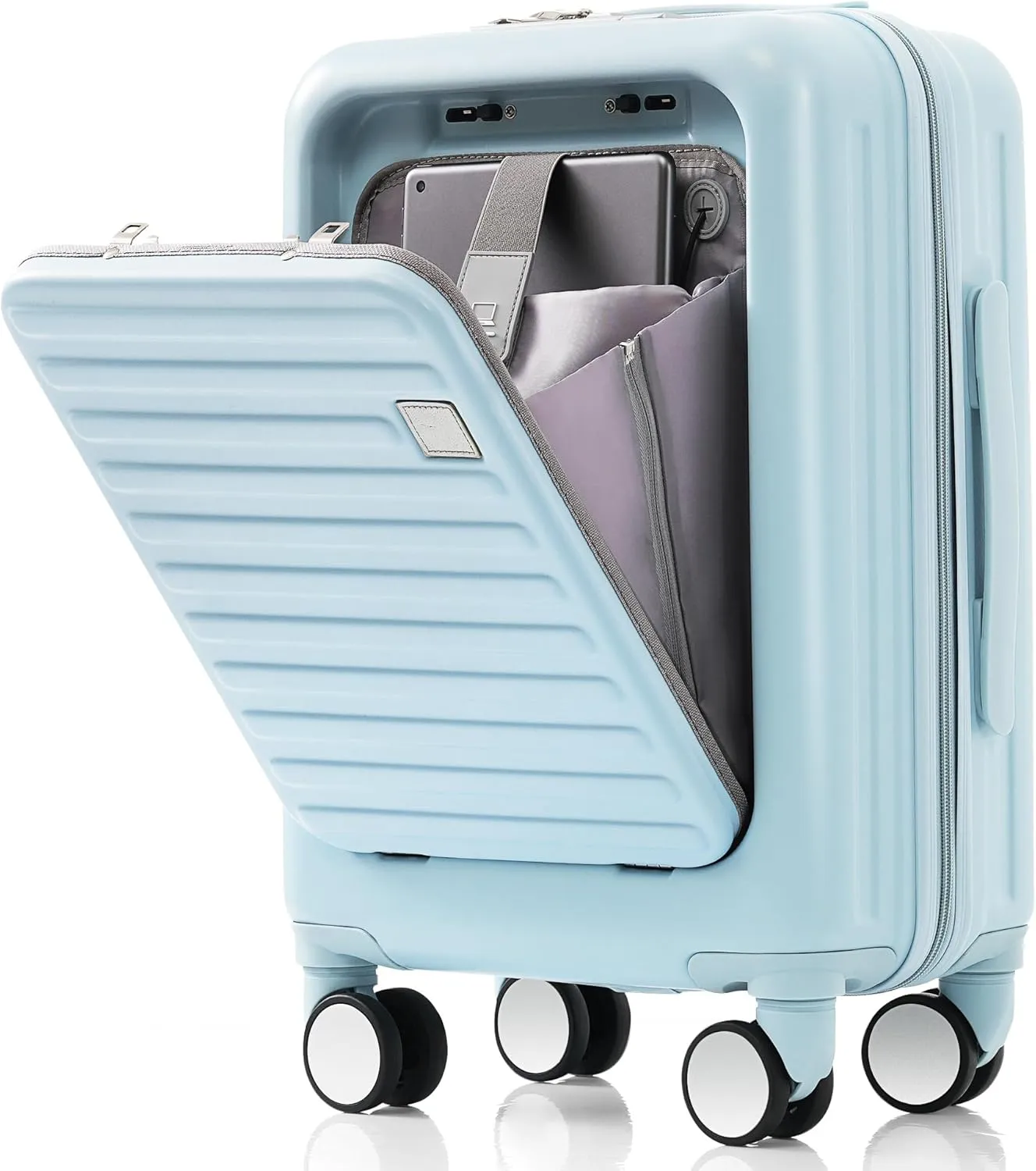 Hard-shell Carry-on Durable Luggage, Front Opening 20-Inch Carry-On Luggage with Expandable Travel Bag Set, ABS Hard Shell Two-piece suitcase set with USB Port, Cup Holder (Light Blue)