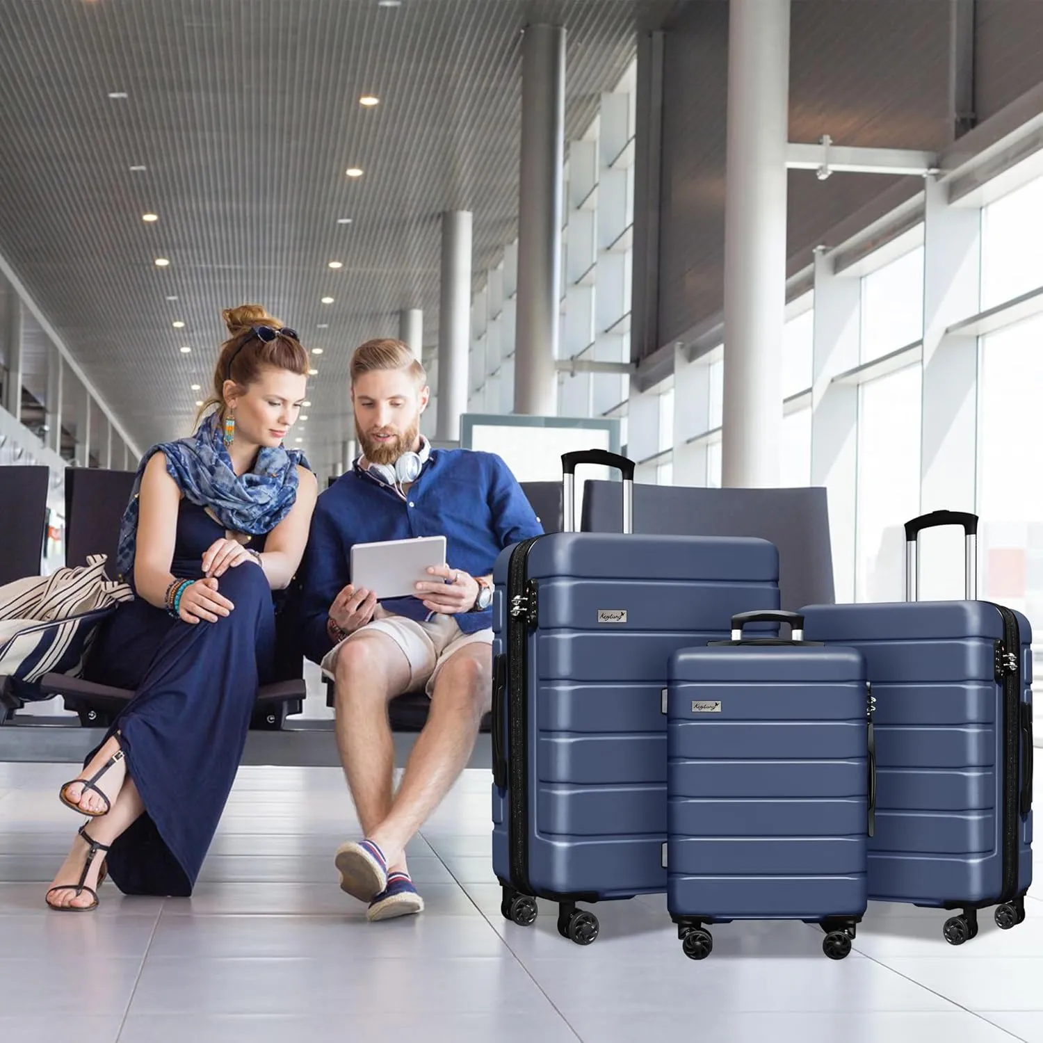 Hardside Expandable Luggage Spinner Wheels Luggage Suitcase W/TSA Lock, Navy Blue, 001-3pcs