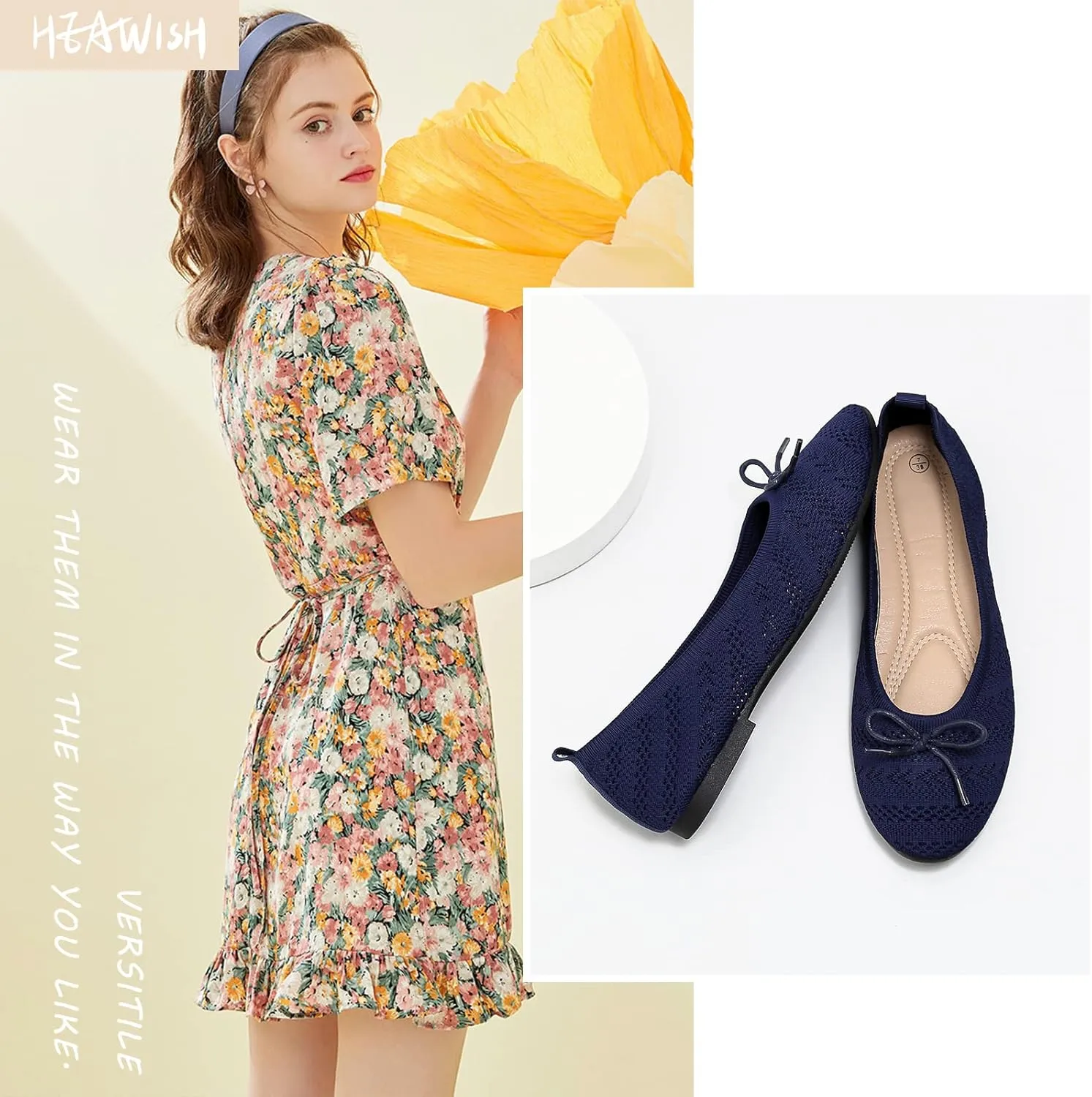 HEAWISH Women’s Flats Shoes Comfortable Crochet Lace Mesh Round Toe Slip On Casual Ballet Flats Dress Shoes
