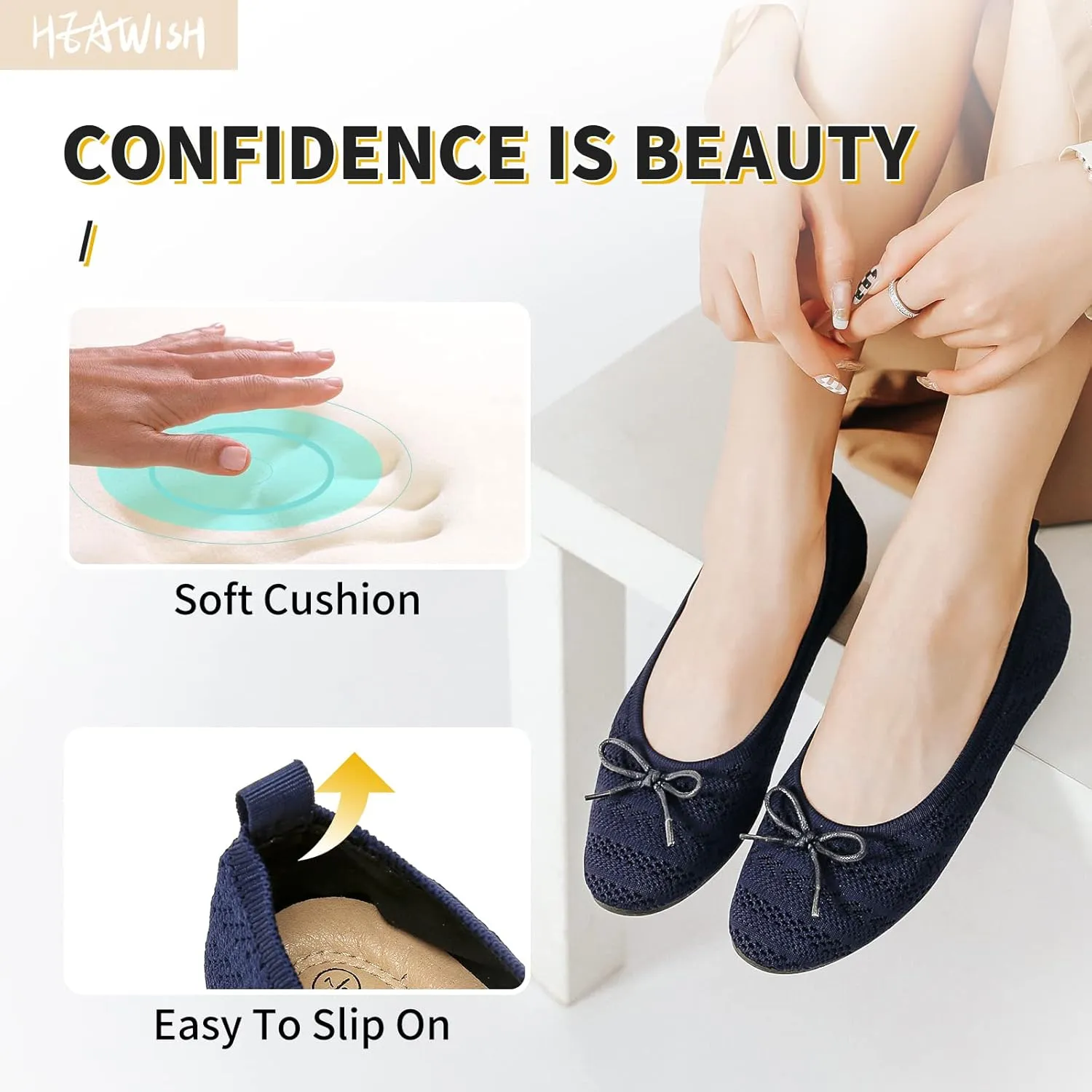 HEAWISH Women’s Flats Shoes Comfortable Crochet Lace Mesh Round Toe Slip On Casual Ballet Flats Dress Shoes