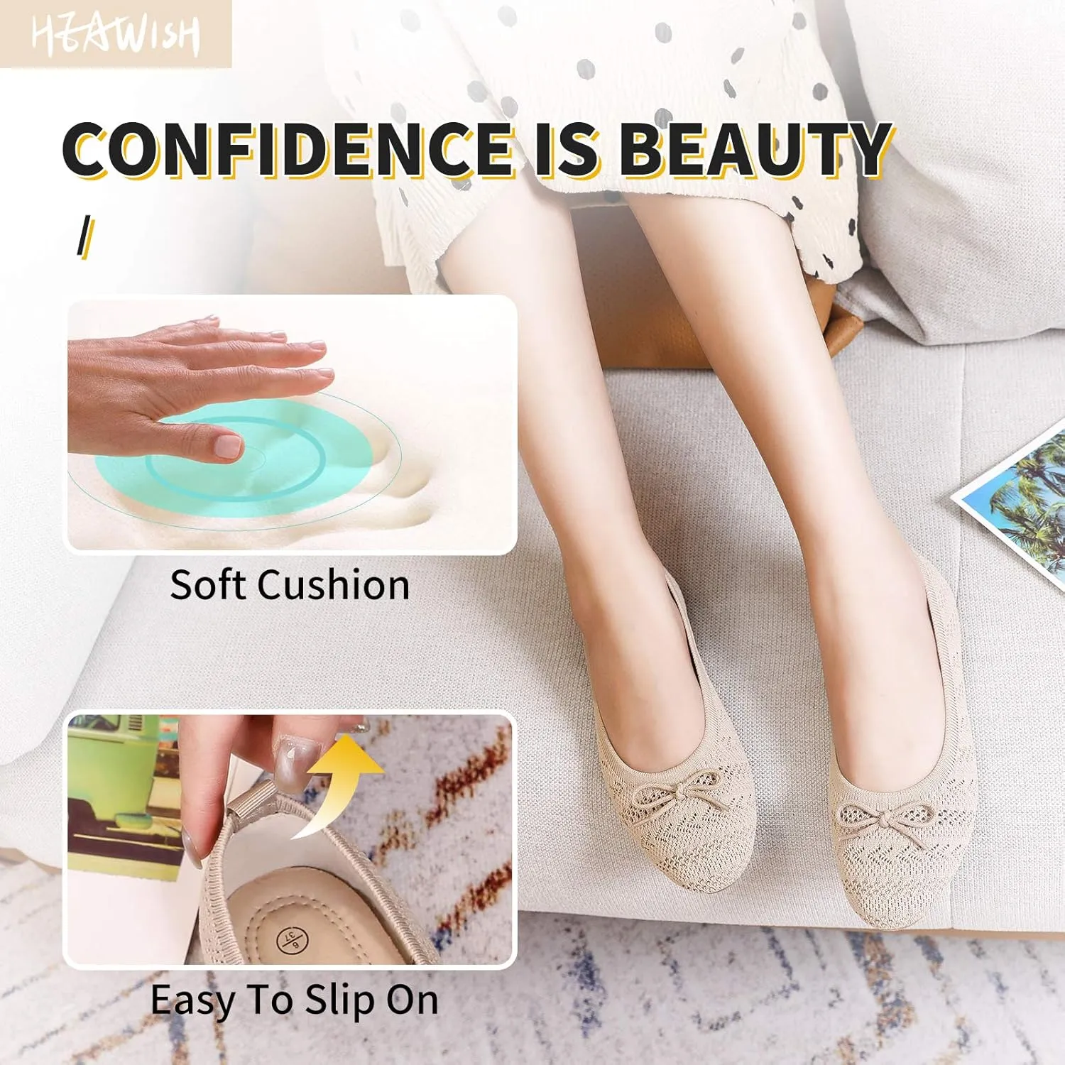 HEAWISH Women’s Flats Shoes Comfortable Crochet Lace Mesh Round Toe Slip On Casual Ballet Flats Dress Shoes