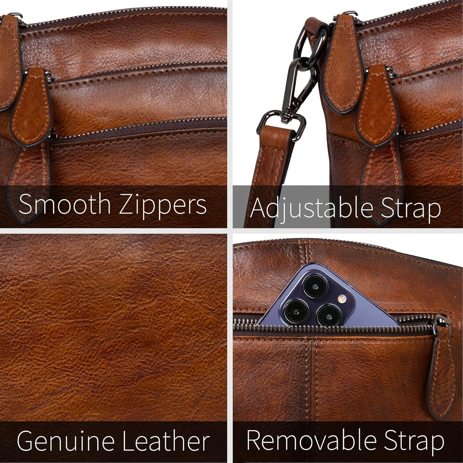 HESHE Crossbody Bags for Women Genuine Leather Purses with Multi-Pockets Vintage Ladies Small Shoulder Satchel Bag