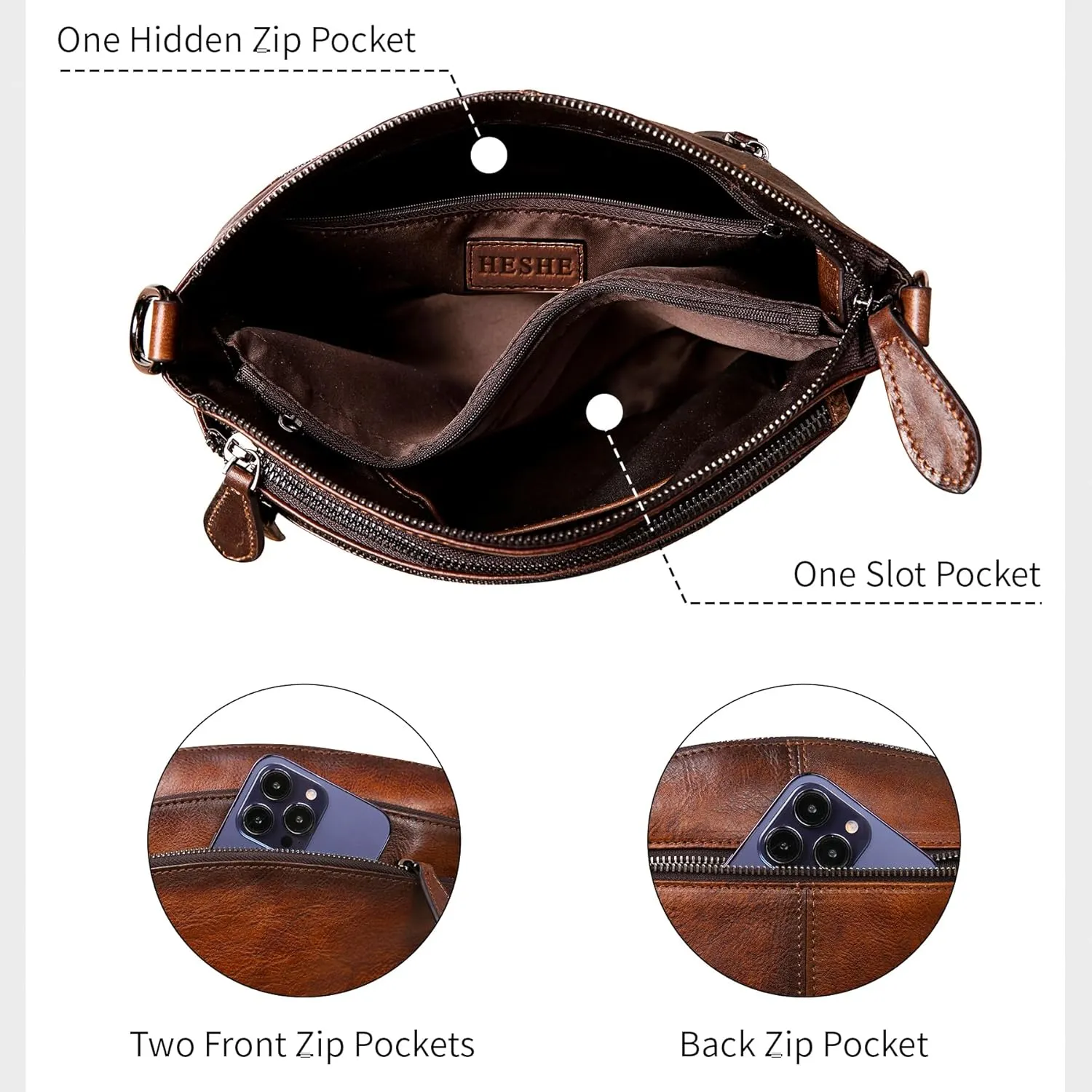 HESHE Crossbody Bags for Women Genuine Leather Purses with Multi-Pockets Vintage Ladies Small Shoulder Satchel Bag