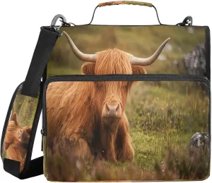 Highland Cow Grassland Zipper Binder Bag 3 Ring File Folder Portfolio Organizer Zippered Binder Bags with Strap Fits Laptop 500 Sheets for Adult Outdoor School Work Office Supplies