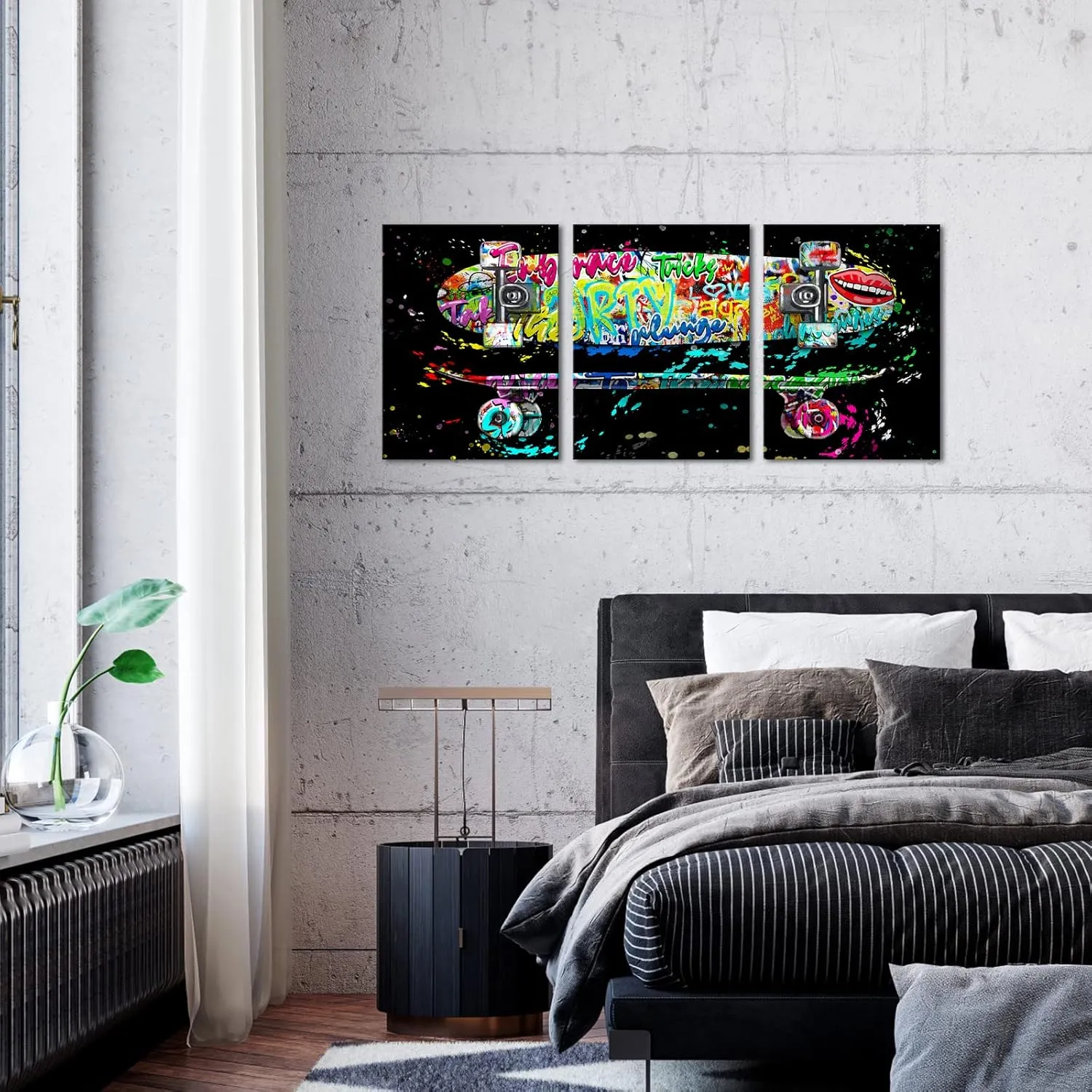 HOMEOART Graffiti Wall Art Skateboard Painting Boys Room Decor Teen Room Decor Canvas Wall Art Framed Ready to Hang 12x16inchx3 (Pattern02-Black)