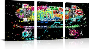 HOMEOART Graffiti Wall Art Skateboard Painting Boys Room Decor Teen Room Decor Canvas Wall Art Framed Ready to Hang 12x16inchx3 (Pattern02-Black)