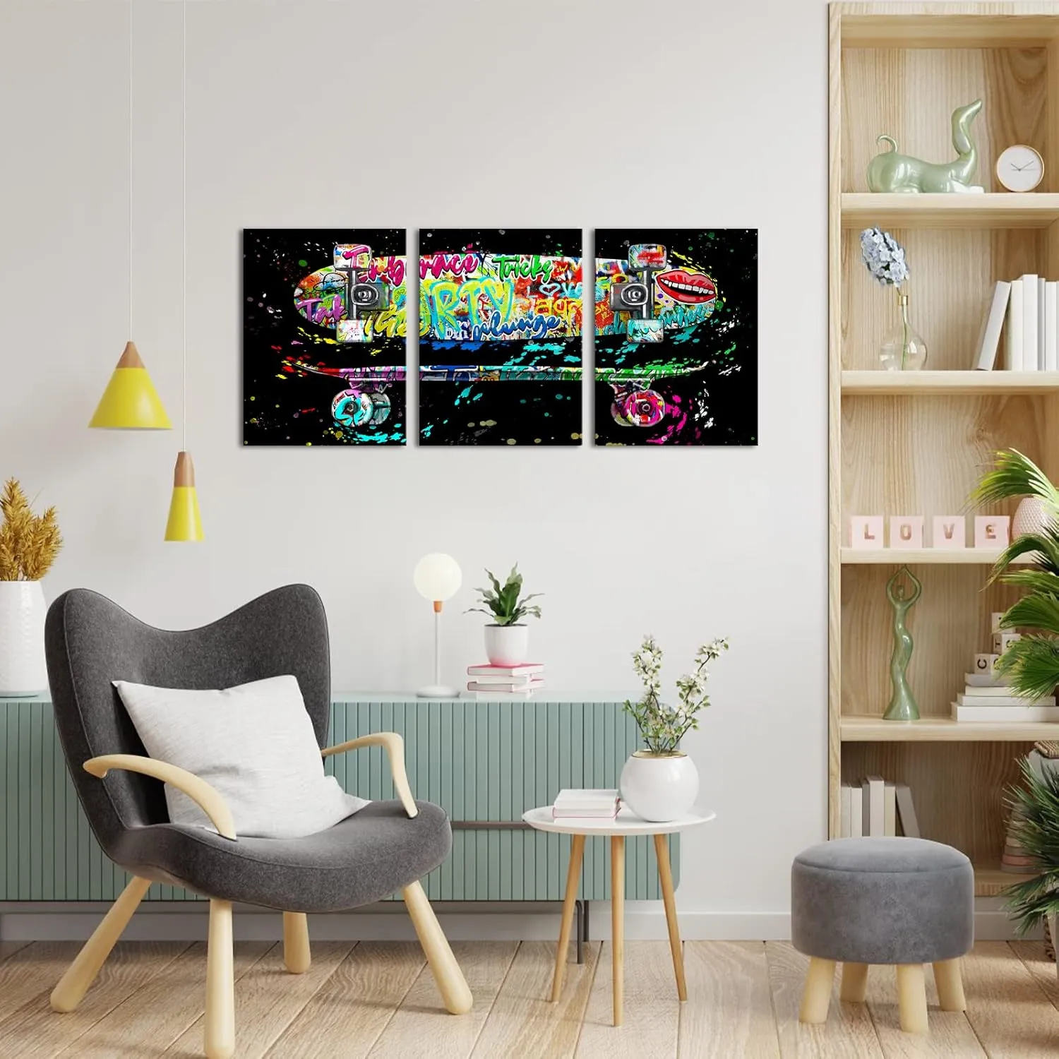 HOMEOART Graffiti Wall Art Skateboard Painting Boys Room Decor Teen Room Decor Canvas Wall Art Framed Ready to Hang 12x16inchx3 (Pattern02-Black)