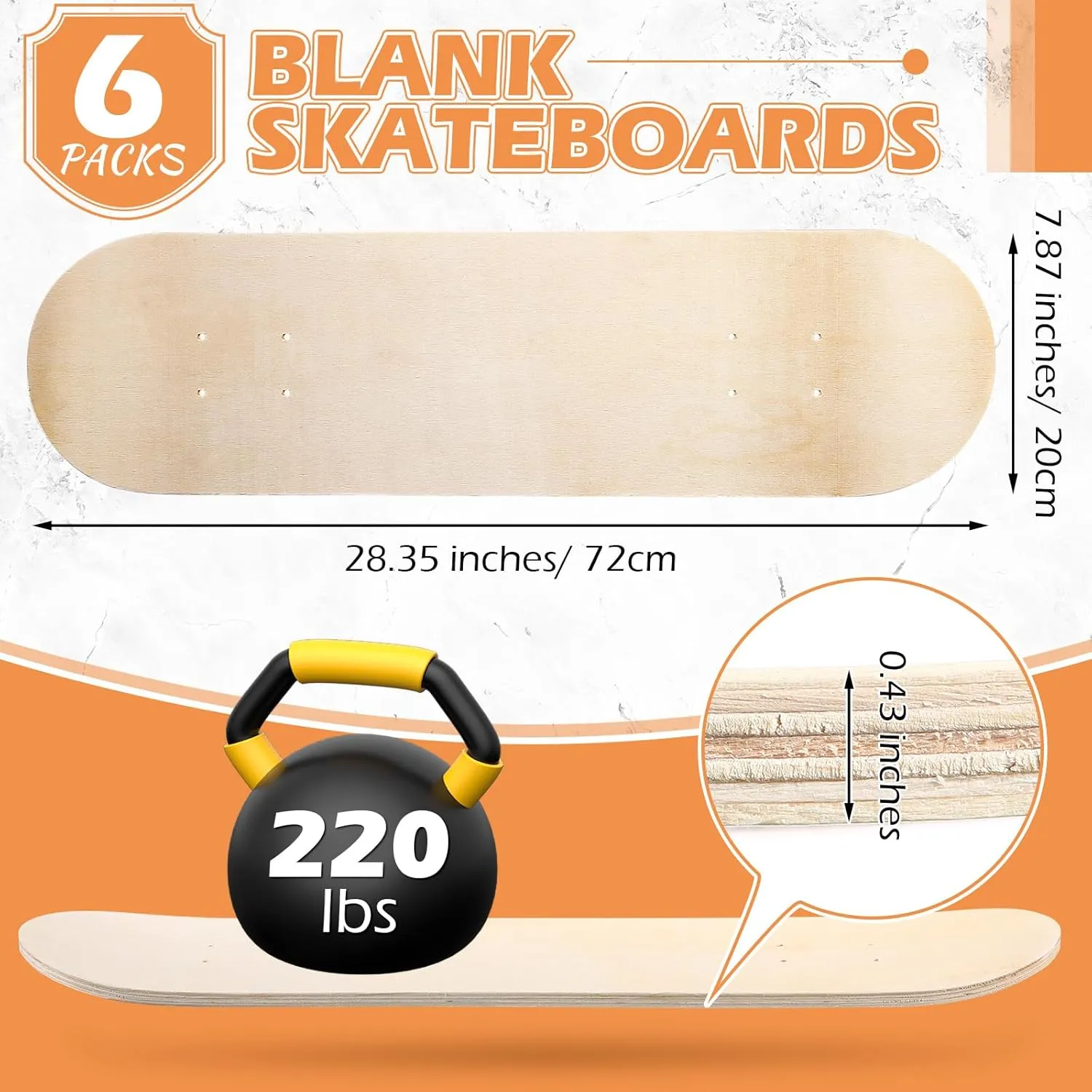 Honoson Blank Skateboard Decks Maple Skateboard Deck 7 Ply Wooden Skate Decks Natural Wood Double Tail Plain Concave Light Deck Bulk for Art Painting Home Decoration