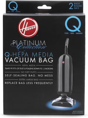 Hoover Vacuum Cleaner Bags for Platinum Upright Vacs, Pack of 2, Type Q, Hepa Filtration, Part # AH10000, Hoover Vacuum Bags Refill