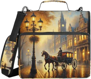 Horse Carriage Zipper Binder Bag 3 Ring File Folder Portfolio Organizer Zippered Binder Bags with Strap Fits Laptop 500 Sheets for School Work Office Supplies Portable