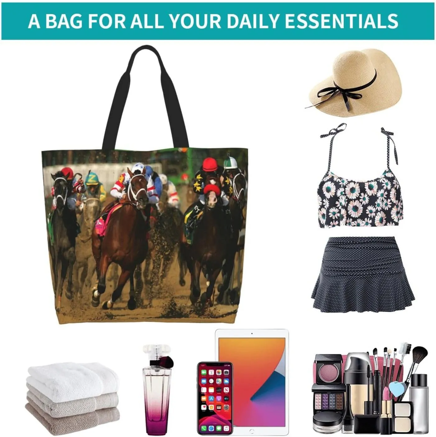 Horse Race Cool Tote Bag Beach Bag Large Capacity Grocery Bag Reusable Shopping bags for Women
