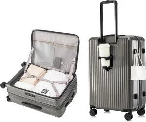 HotWay 20 Inch Expandable Carry On Luggage with Cup Holder, Hardside TSA Approved Luggage with Spinner Wheels, Top Opening Suitcase For Travel, Grey