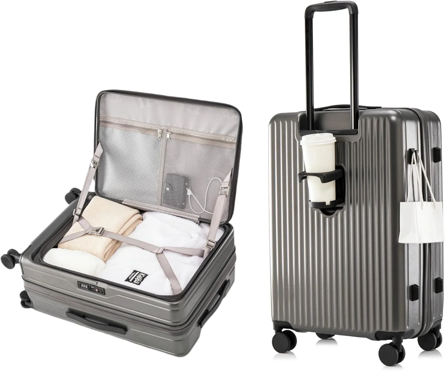 HotWay 20 Inch Expandable Carry On Luggage with Cup Holder, Hardside TSA Approved Luggage with Spinner Wheels, Top Opening Suitcase For Travel, Grey