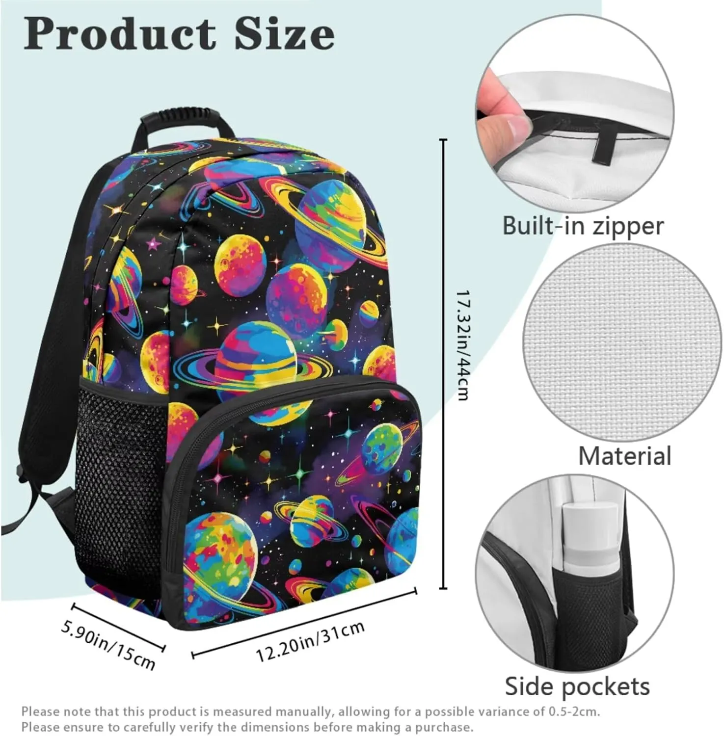 HUGS IDEA Colorful Planets Backpack for Boys 6-8 Cool School Bookbag for Students Study Cool 17 Inch School Bag Set with Thermal Lunch Tote Bag Pencil Bag & Water Bottle Pocket