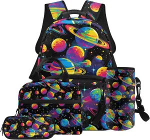 HUGS IDEA Colorful Planets Backpack for Boys 6-8 Cool School Bookbag for Students Study Cool 17 Inch School Bag Set with Thermal Lunch Tote Bag Pencil Bag & Water Bottle Pocket